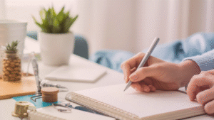 Pessoa escrevendo em um caderno sobre uma mesa organizada, com caneta na mão, ao lado de itens de escritório como clips, bloco de notas e uma pequena planta ao fundo.
